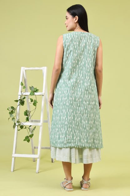 White and Green Geometric Printed Flared Spaghetti Dress and Gilet Set - Image 3